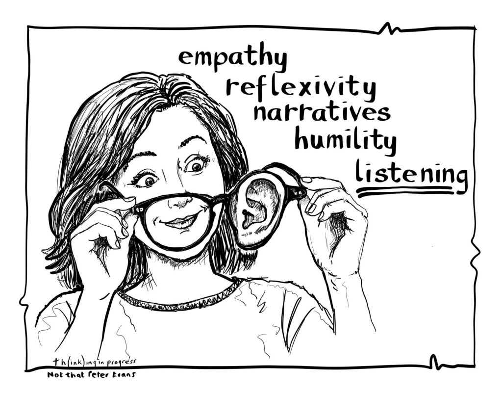 cartoon of woman with glasses with an ear instead of a lense